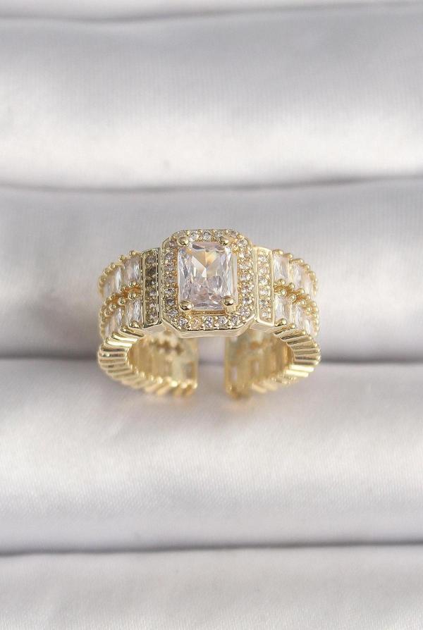 Pirinç Gold Renk Ayarlanabilir Baget Zirkon Taş Model Kadın Yüzük - Image 1