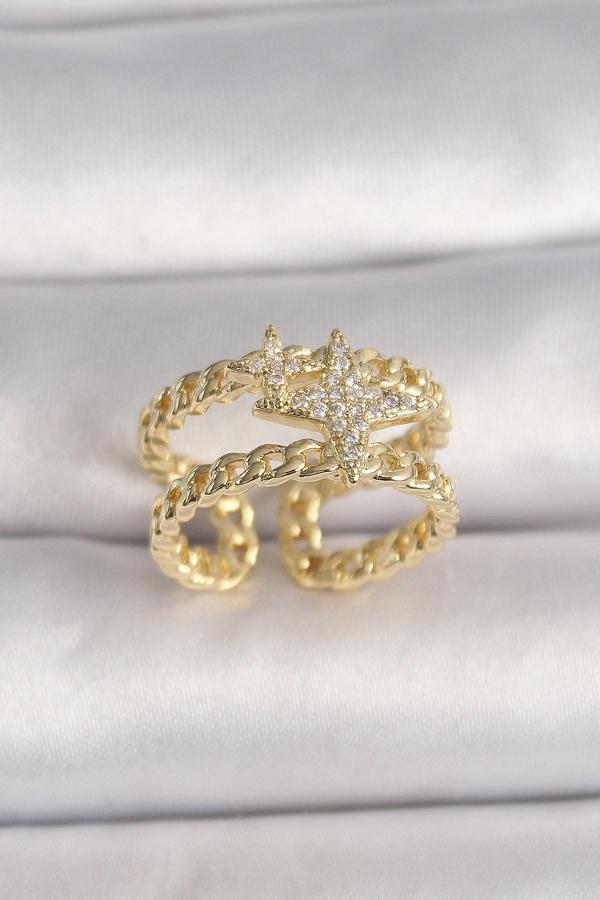 Pirinç Gold Renk 2'Li Zincir Zirkon Taşlı Yıldız Figür Kadın Yüzük - Image 1