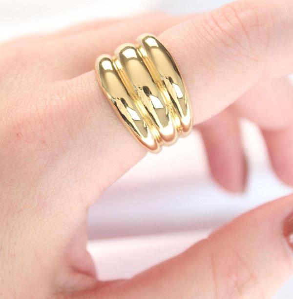 Gold Renk Ayarlanabilir Çizgili Bombe Yüzük - Image 1