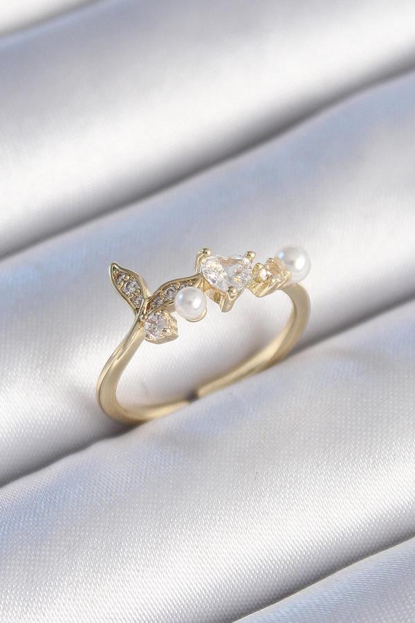 Pirinç Gold Renk Zirkon Taşlı Kalp Yaprak Model İnci Detay Kadın Yüzük - Image 1