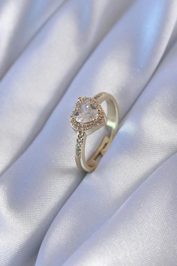 Gold Renk Zirkon Taşlı Kalp Model Pirinç Charm Kadın Yüzük - Image 1