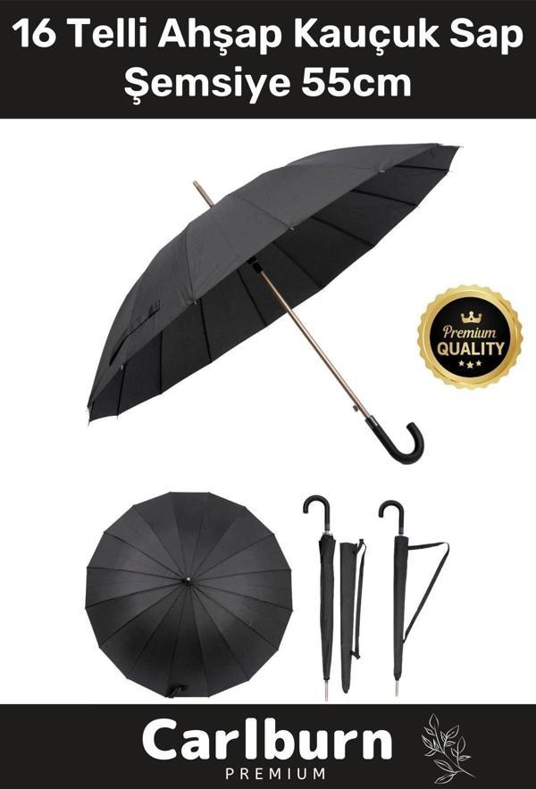 Premium Otomatik Mekanizma Baston Tip Rüzgar Korumalı Fiber 16 Telli Ahşap Kauçuk Sap Şemsiye 55cm - Image 1