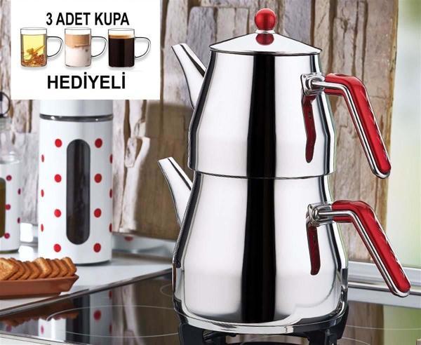 Kahramanlar Dev Çaydanlık Takımı 3 Adet Cam Kupa Hediyeli - Image 1