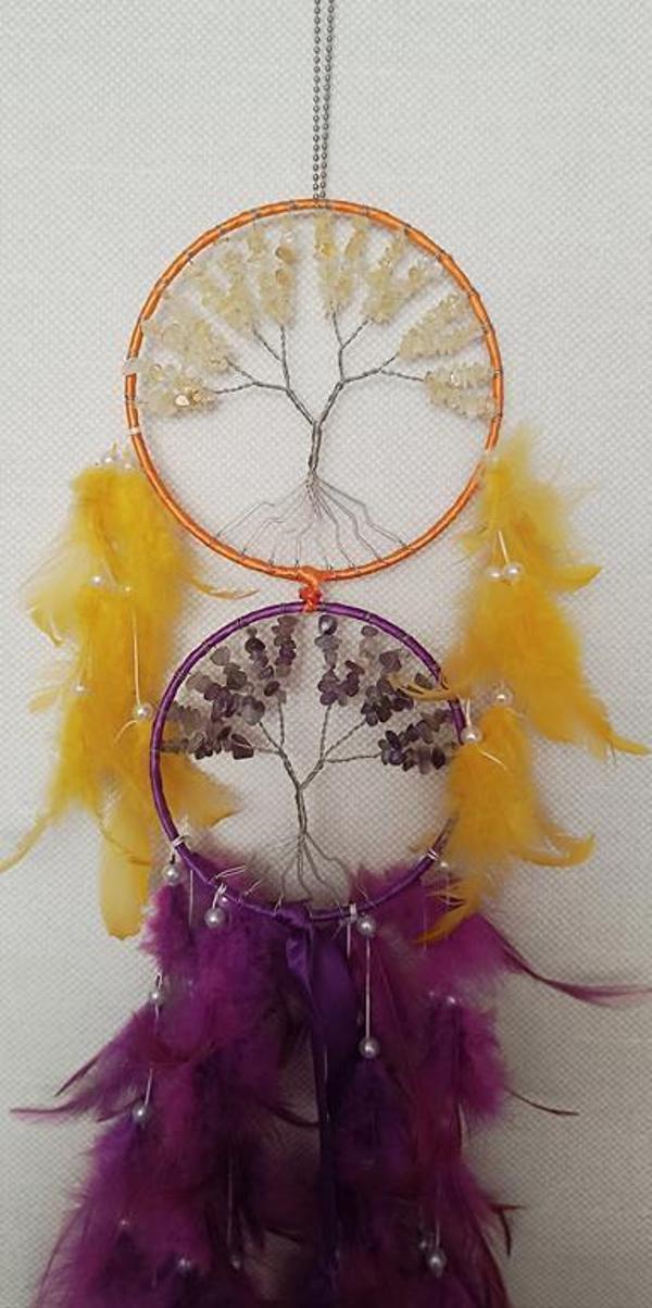 Düş Kapanı Dream Catcher Ametis Doğaltaş Tel Sarma İncili Hayat Ağacı Kuş Tüylü Rüya Kapanı Duvar Süsü - Image 1