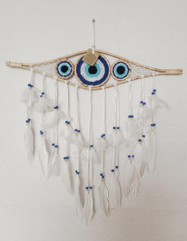 Düş Kapanı 3 Göz Makrome Dreamcatcher Bambu Nazarlı Beyaz Kuş Tüyü Rüya Kapanı Duvar Süsü Elişi - Image 1