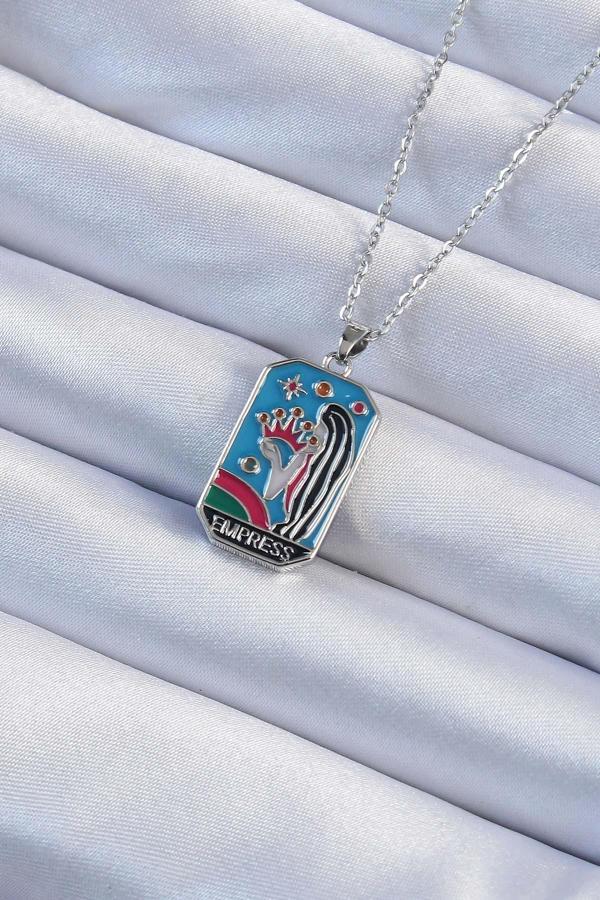 316L Çelik Zincir Gümüş Renk Taç ve Kız Figürlü Renkli Mineli Tarot Kolye - Image 1