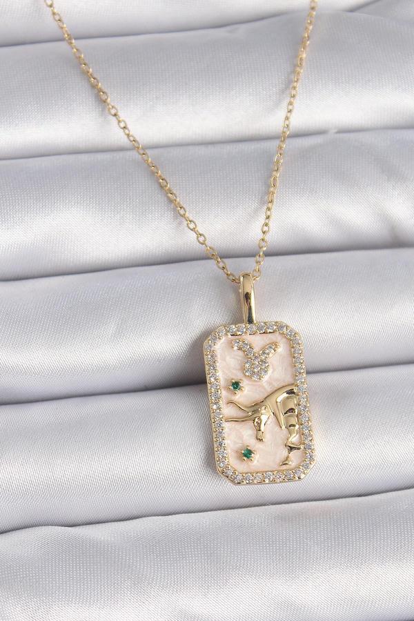 316L Çelik Gold Renk Zincir Boğa Burcu Zirkon Taşlı Kadın Kolye - Image 1