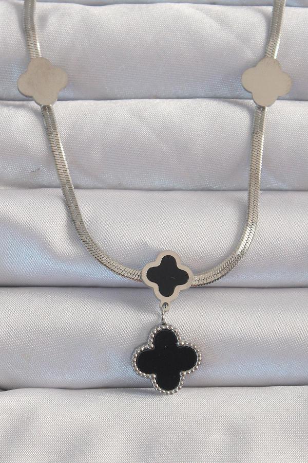 316L Çelik Gümüş Renk İtalyan Zincirli Mineli Yonca Kolye - Image 1