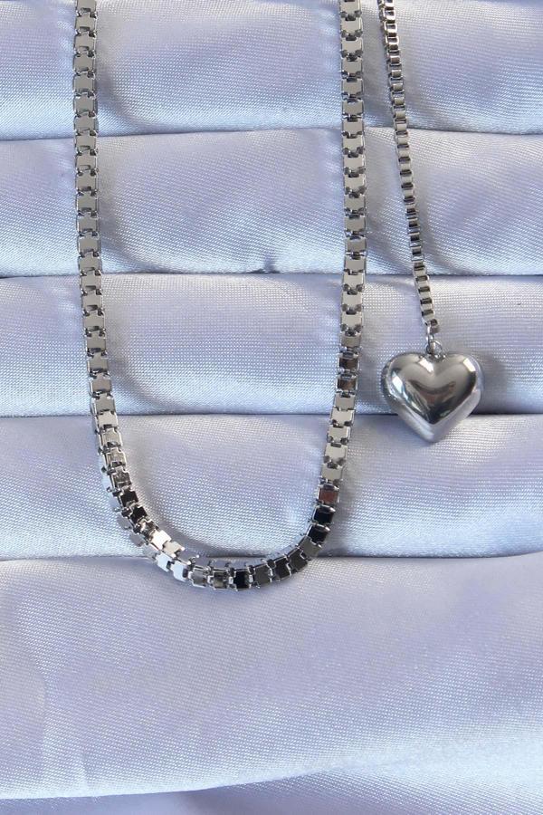 316L Çelik Gümüş Renk Küp Zincirli Kalpli Kolye - Image 1