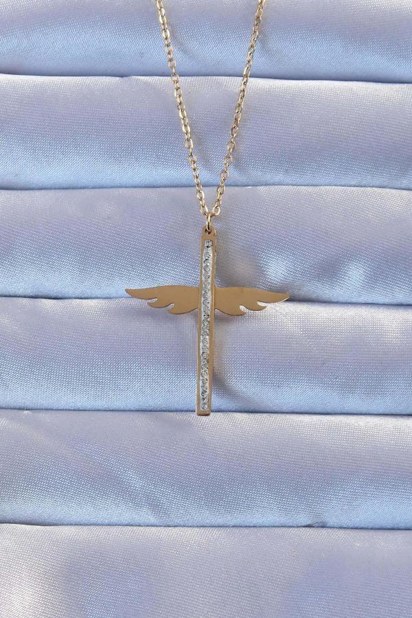 316L Çelik Altın Renk Zirkon Taşlı Mikail Kolye - Image 1