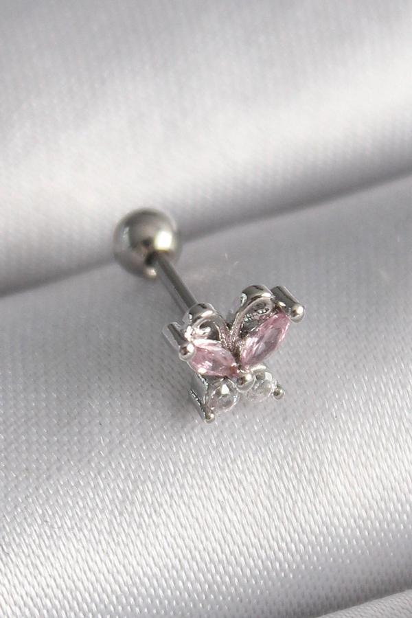 316L Çelik Gümüş Renk Pembe Zirkon Taşlı Kelebek Tragus Piercing - Image 1