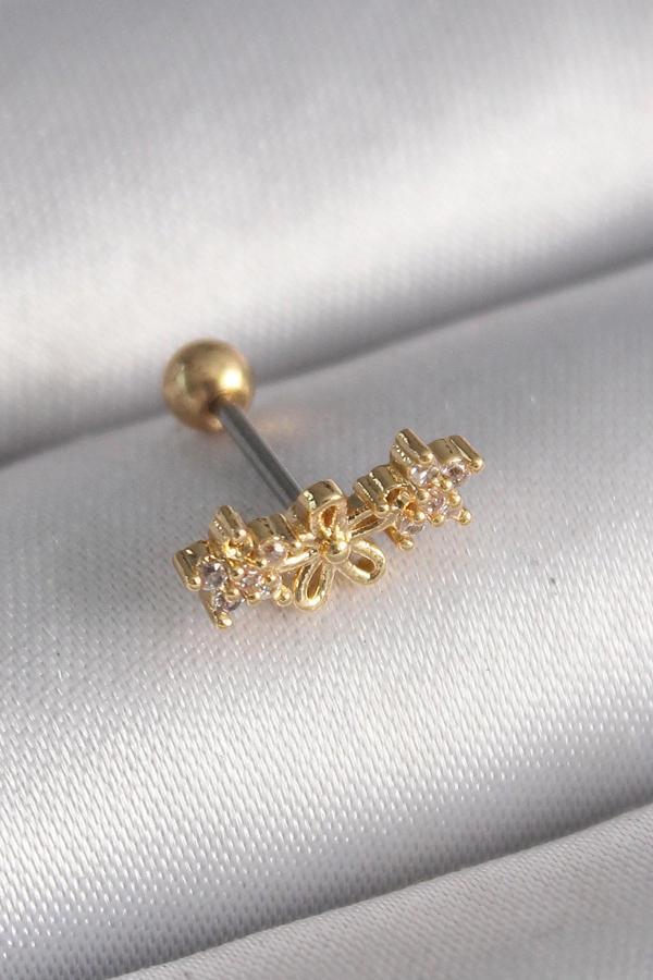 316L Çelik Gold Renk Zirkon Taşlı Çiçek Tragus Piercing - Image 1