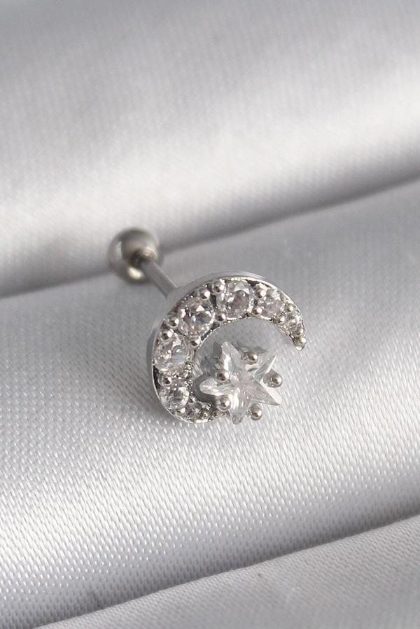 316L Çelik Gümüş Renk Zirkon Taşlı Ay Yıldız Tragus Piercing - Image 1