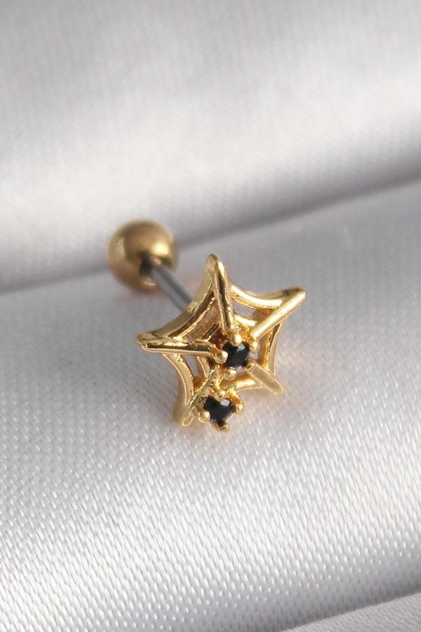 316L Çelik Gold Renk Siyah Zirkon Taş Detay Örümcek Ağ Model Tragus Piercing - Image 1