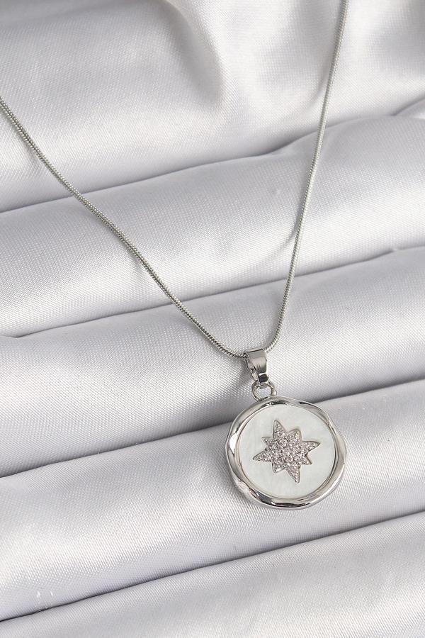 316L Çelik Gümüş Renk Zincir Beyaz Sedefli Zirkon Taşlı Yıldız İşleme Model Kadın Kolye - Image 1