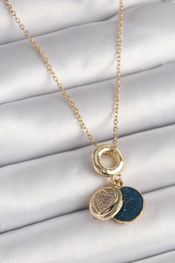316L Çelik Gold Renk Zincir Zirkon Taşlı Kalp Model Mavi Simli Kadın Kolye - Image 1