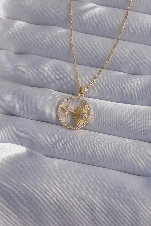 316L Çelik Zincir Gold Renk Zirkon Taşlı Yıldız Figürlü Oval Kolye - Image 1