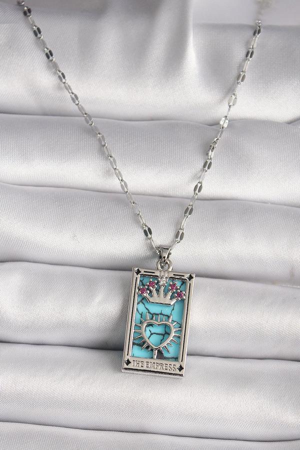 316L Çelik Gümüş Renk Pembe Zirkon Taşlı Taç Kalp Portre Model Kadın Kole - Image 1