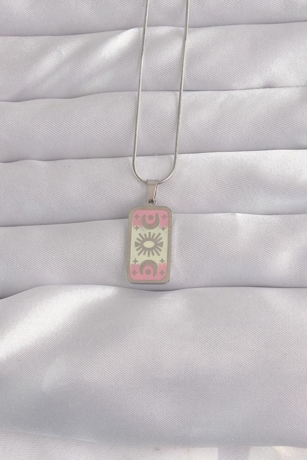 316L Çelik Gümüş Renk Pembe Mineli Ay Figür Tarot Kolye - Image 1