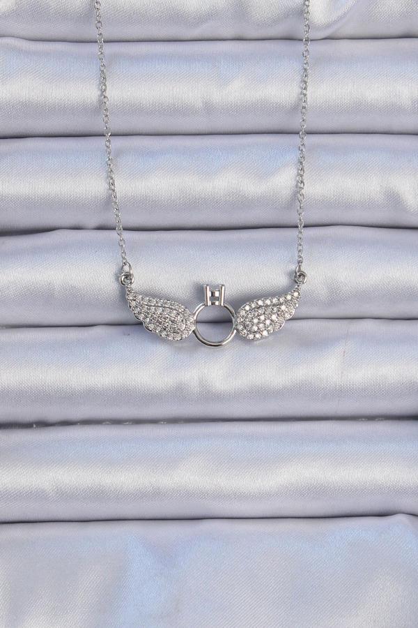 316L Çelik Zincir Gümüş Renk Kanatlı Tektaş Kolye - Image 1