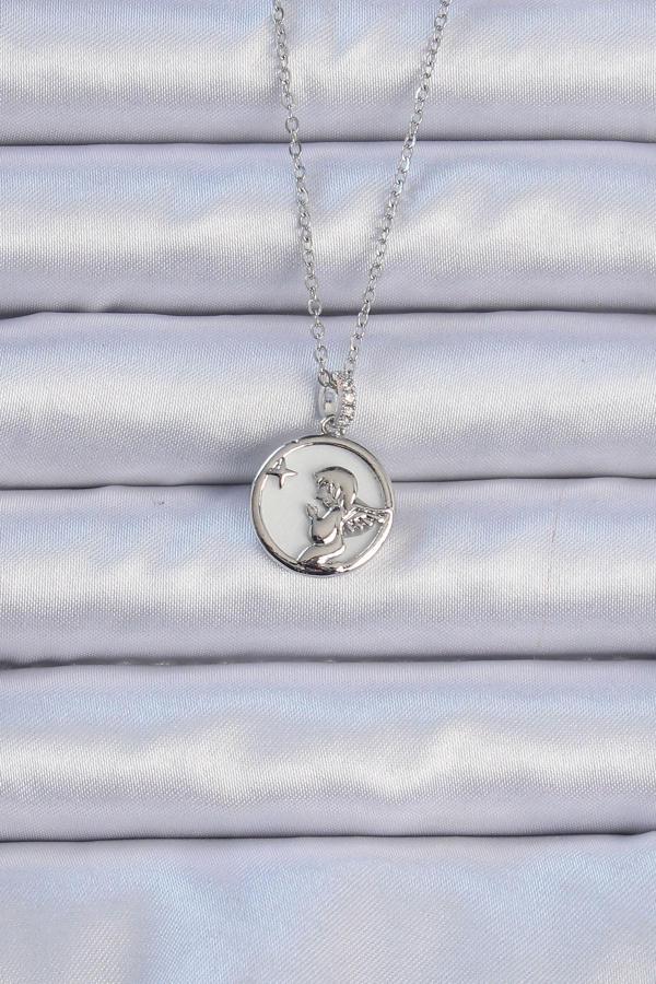 316L Çelik Zincir Gümüş Renk Zirkon Taşlı Mineli Melek Kolye - Image 1