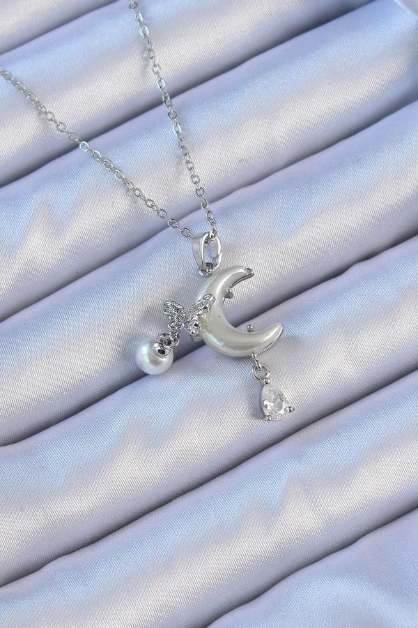 316L Çelik Zincir Gümüş Renk Zirkon Taşlı Kelebekli Mineli Ay Kolye - Image 1