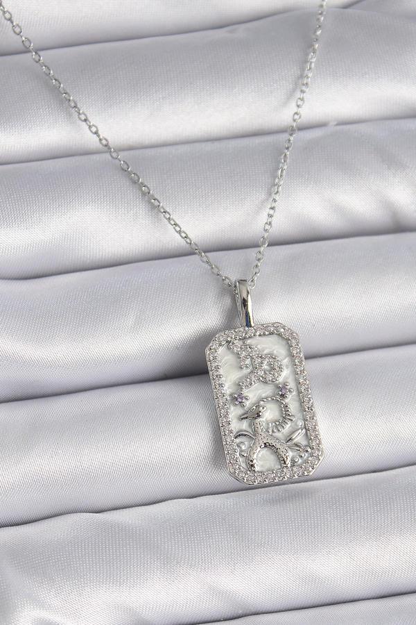 316L Çelik Gümüş Renk Zincir Oğlak Burcu Zirkon Taşlı Kadın Kolye - Image 1