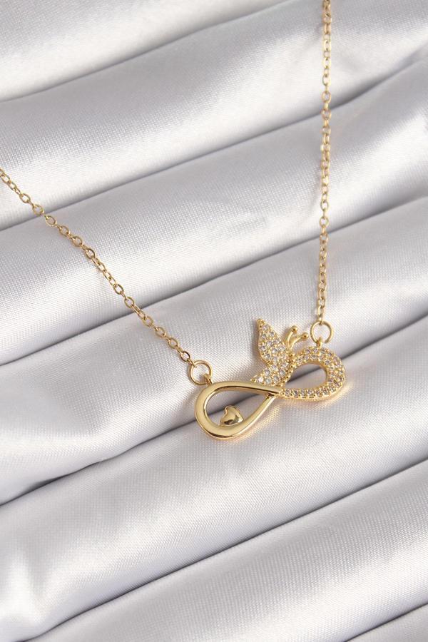 316L Çelik Gold Renk Zirkon Zincir Taşı Sonsuzluk Kelebek Model Kadın Kolye - Image 1