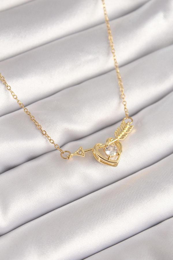 316L Çelik Gold Renk Zincir Zirkon Taşlı Ok Kalp Model Kadın Kolye - Image 1