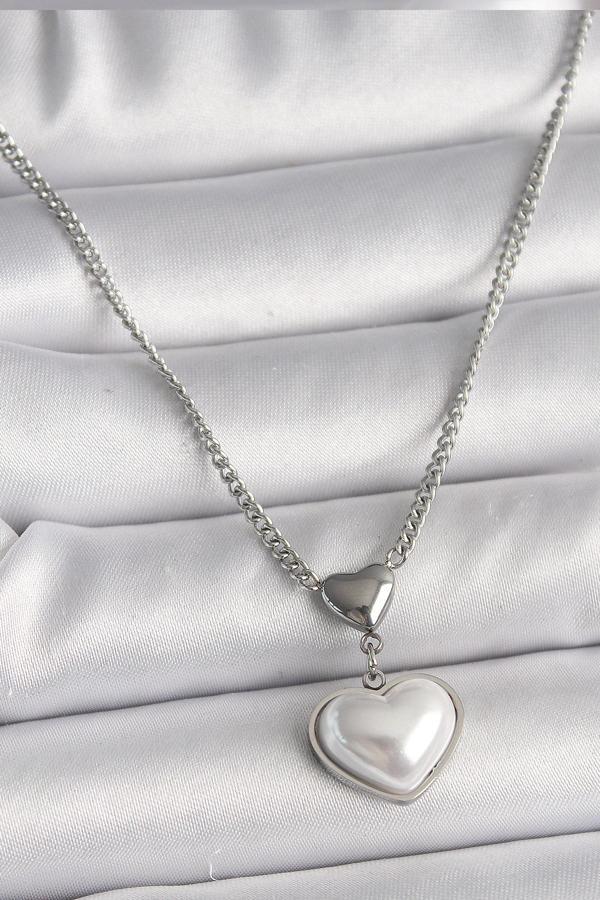 316L Çelik Gümüş Renk Zincir 3D Kalp Model Kadın Kolye - Image 1