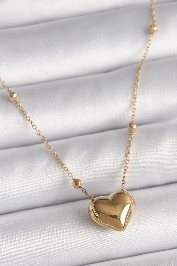 316L Çelik Gold Renk Topçuk Detaylı Zincir Kalp Model Kadın Kolye - Image 1