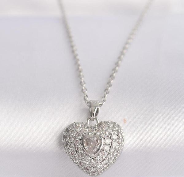 316L Çelik Zincir Gümüş Renk Zirkon Taşlı Kalp Kolye - Image 1
