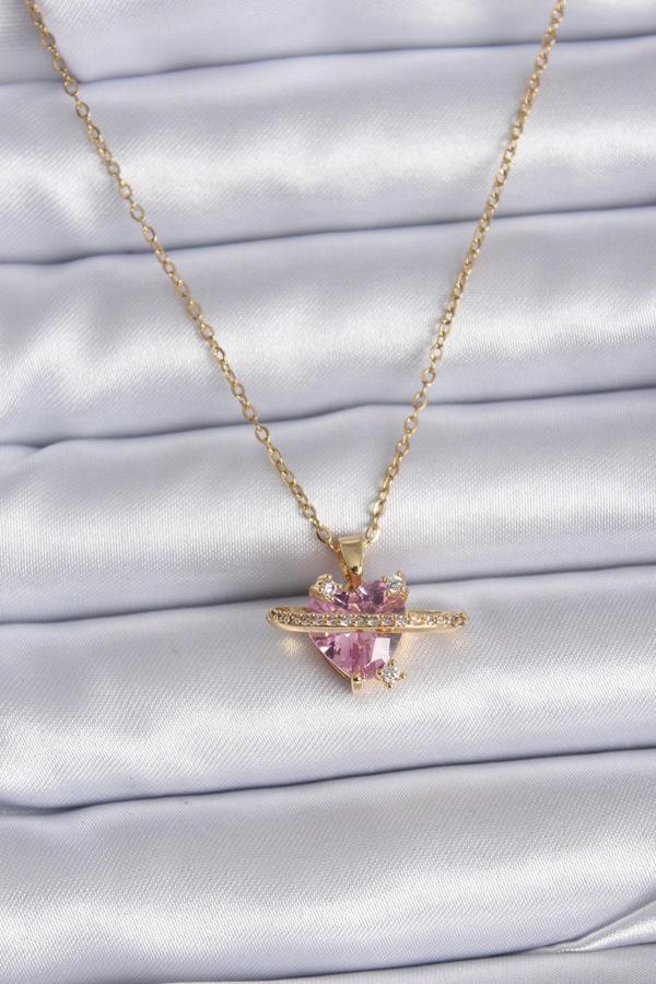 316L Çelik Gold Renk Zincir Pembe Kristal Kalp Model Zirkon Taş Detay Kadın Kolye - Image 1