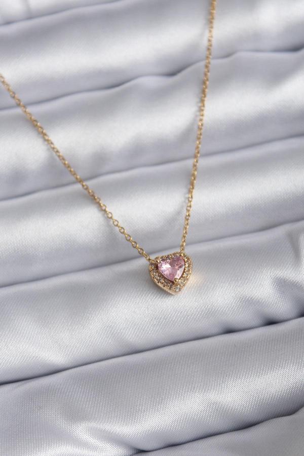 316L Çelik Zincir Gold Renk Pembe Zirkon Taşlı Charm Kadın Kolye - Image 1