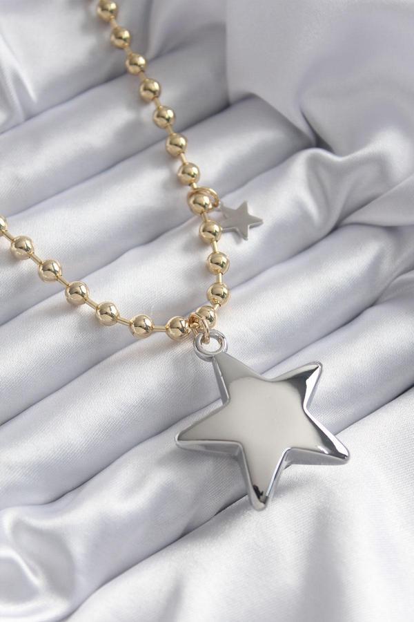 Pirinç Gold Renk Topçuk Zincir Gümüş 3D Yıldız Model Yıldız Detay VİP Kadın Kolye - Image 1