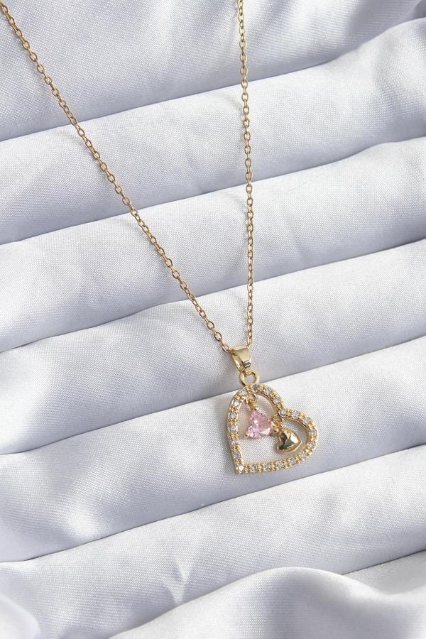 316L Çelik Gold Renk Zincir Zirkon Taşlı Kalp Model Kadın Kolye - Image 1
