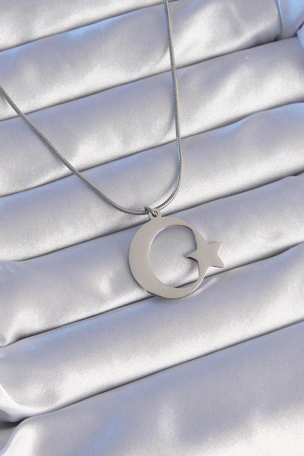 316L Çelik Gümüş Renk Ay Yıldız Model Unisex Kolye - Image 1