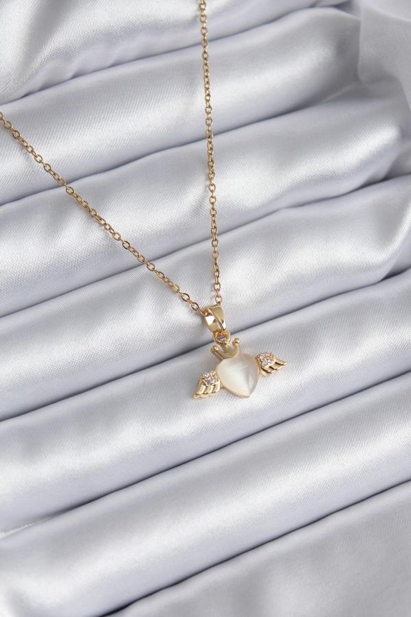 316L Çelik Gold Renk Kanatlı Kalp Model Zirkon Taşlı Kadın Kolye - Image 1