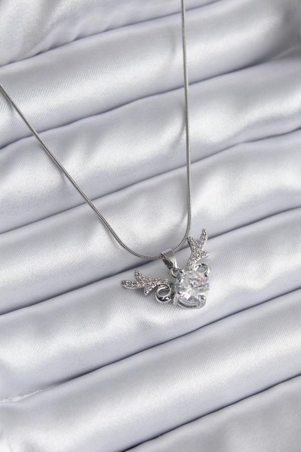 316L Çelik Gümüş Renk Zirkon Taşlı Boynuz Model Kadın Kolye - Image 1