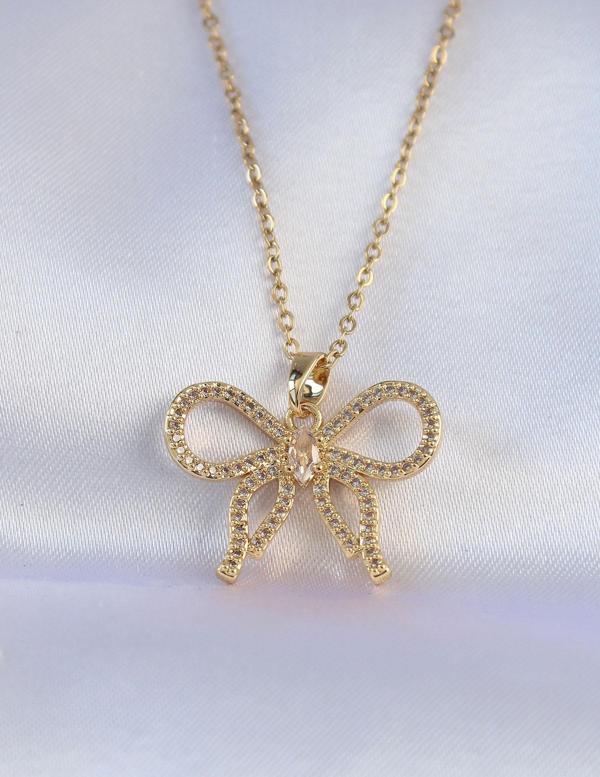 316L Çelik Zincir Gold Renk Zirkon Taşlı Fiyonk Kolye - Image 1