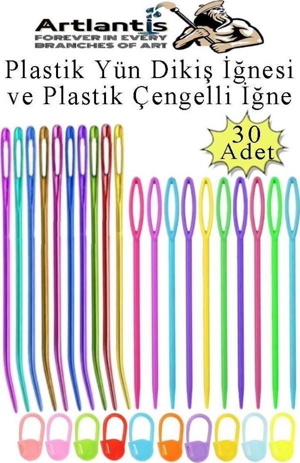 Düz ve Kıvrımlı Plastik Yün İğnesi ve Çengelli İğne 30 Adet 1 Paket Plastik Dikiş Dokuma İğne Kavisli İplik İğne Goblen - Image 1