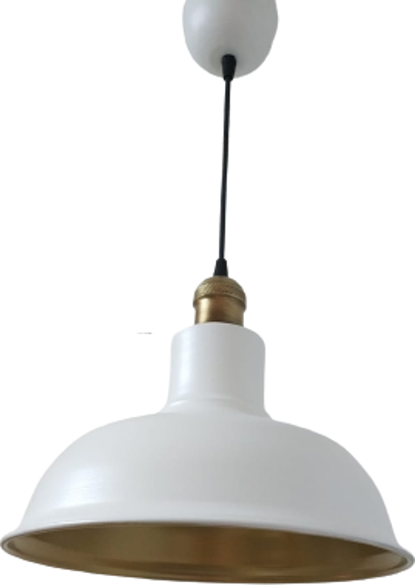 Rys Retro Metal Dekoratif Beyaz İçi Gold Eskitme Duylu Tekli Sarkıt Avize Çap:30 cm - Image 1