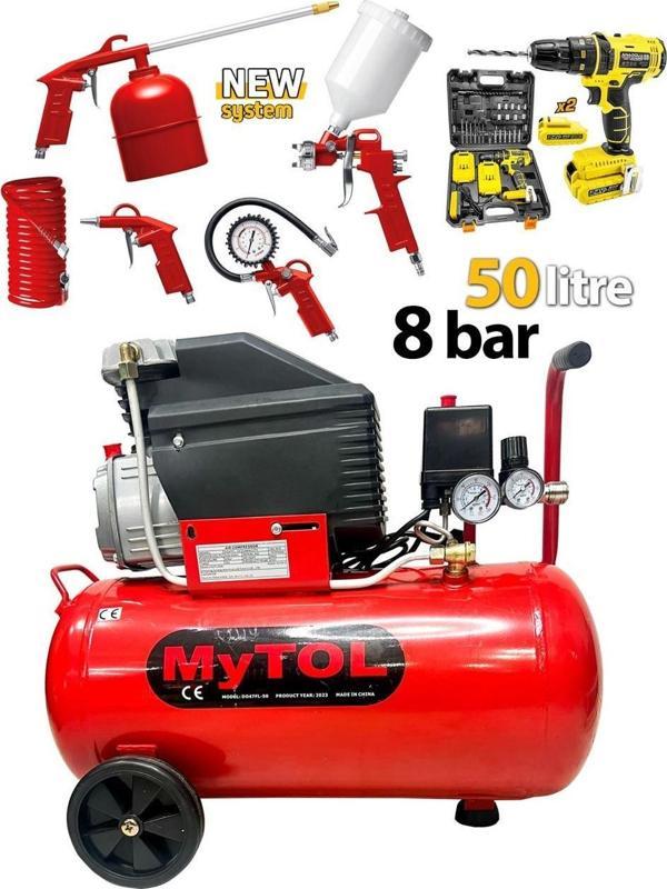 Mytol En Çok Tercih Edilen 2 HP 50 Litre Yağlı Hava Kompresörü ve Havalı Alet Seti Matkap Hediyeli - Image 1