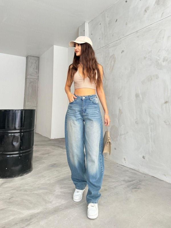 Bikelife Kadın Soluk Efektli Bol Kesim Geniş Paça Rahat Baggy Jean Pantolon Mavi 40 - Image 1