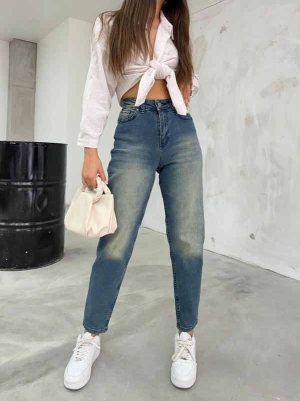 Bikelife Kadın Esnek/Likralıyüksek Bel Mom Jeans Koyu Mavi 34 - Image 1