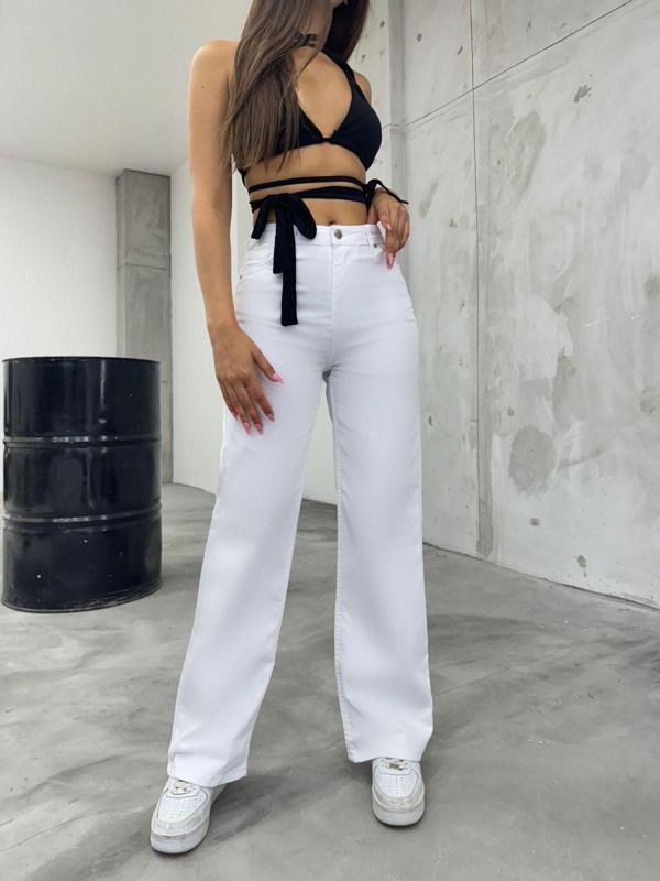 Bikelife Kadın Beyaz Yüksek Bel Likralı Esnek Geniş Paça Palazzo Pantolon Beyaz M - Image 1