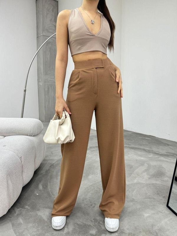 Bikelife Kadın Taba Likralı Cırt Kapama Palazzo Geniş Paça Pantolon Taba S - Image 1