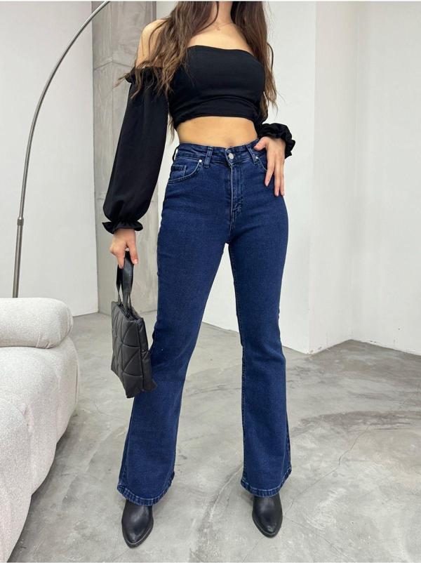 Bikelife Kadın Lacivert Yüksek Bel Esnek Ispanyol Paça Jeans Lacivert L - Image 1