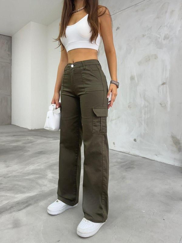Bikelife Haki Kargo Cepli Likralı Yüksek Bel Wide Leg Pantolon Yeşil M - Image 1