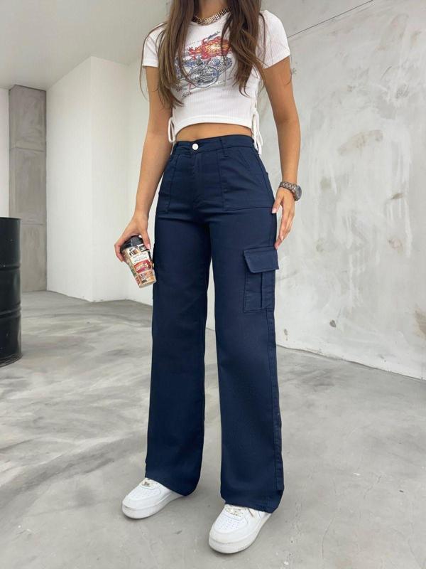 Bikelife Lacivert Kargo Cepli Likralı Yüksek Bel Wide Leg Pantolon Lacivert S - Image 1